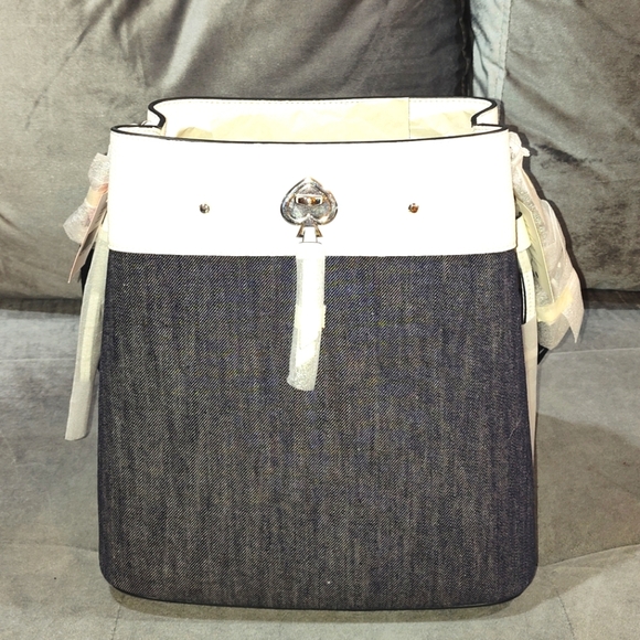 NWT KATE SPADE NEW YORK "MARTI" NAVY DENIM & WHITE LEATHER BUCKET SHOULDER BAG - Picture 5 of 16